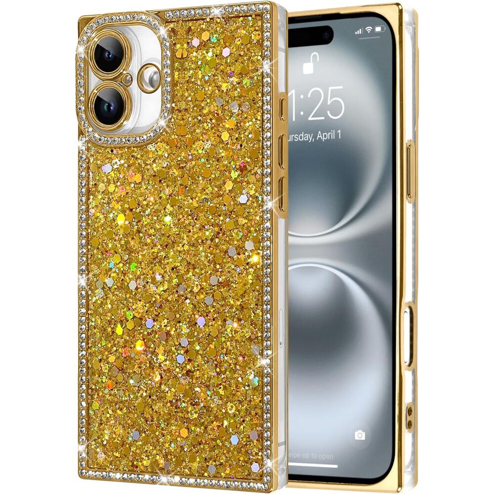 Luxury Glitter for iPhone 16 Rectangle Bling Case, Gold, 20J-205PH007